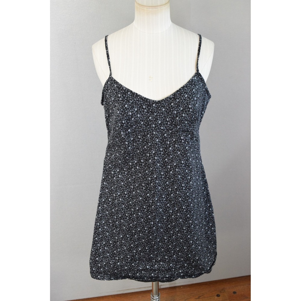 Aqua Blues Mini Dress 13 Black Floral Spaghetti Strap 90s Grunge V-Neck Skater